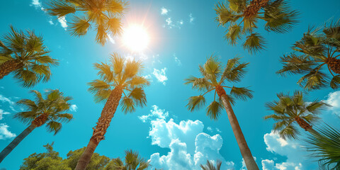 Blick auf Palmen vor sonnigem blauem Himmel