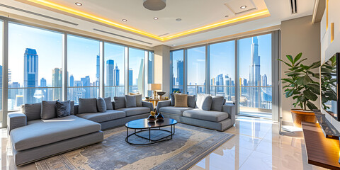 Dubai Modern living room with night city - obrazy, fototapety, plakaty