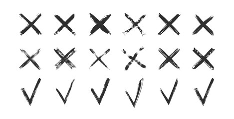 Hand drawn check marks and crosses. Set of black grunge signs, symbols, marks. Vector illustration. - obrazy, fototapety, plakaty