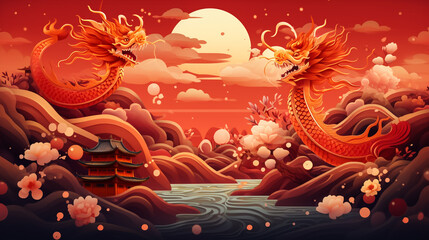Happy Chinese New Year 2024. Chinese dragon gold zodiac sign on red background for card design. China lunar calendar animal.