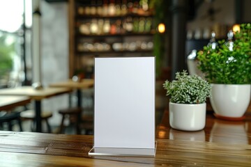 A white table with a clear plastic stand holding a white card. The card is empty and the table is surrounded by potted plants