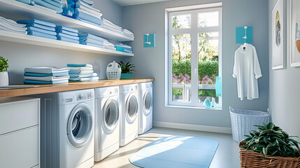 Modern Laundry Room with Stylish Organization. Home Interior Concept. Home Improvement . - obrazy, fototapety, plakaty