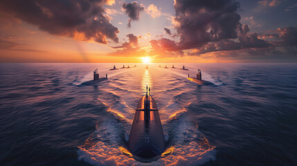A fleet of nuclear submarines in the ocean against the backdrop of sunset.
