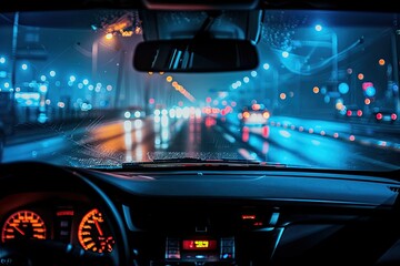 A car window is shown with a blurry city view in the background. The car is driving down a street at night with many lights on