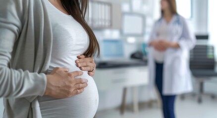 Close-up of a pregnant woman's belly touching it with her hands indoor clinic.