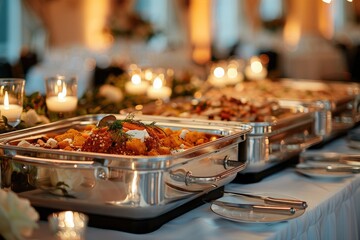 A table with a variety of food on it, including a large tray of food. The table is set with silverware and plates, and there are candles on the table. Scene is festive and celebratory - obrazy, fototapety, plakaty