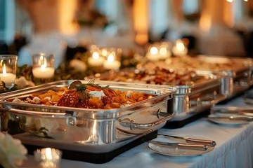 Foto op Plexiglas A table with a variety of food on it, including a large tray of food. The table is set with silverware and plates, and there are candles on the table. Scene is festive and celebratory © At My Hat