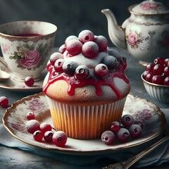 Fragrant soft cupcake with cherries and currants, sprinkled with powdered sugarr, Generative AI