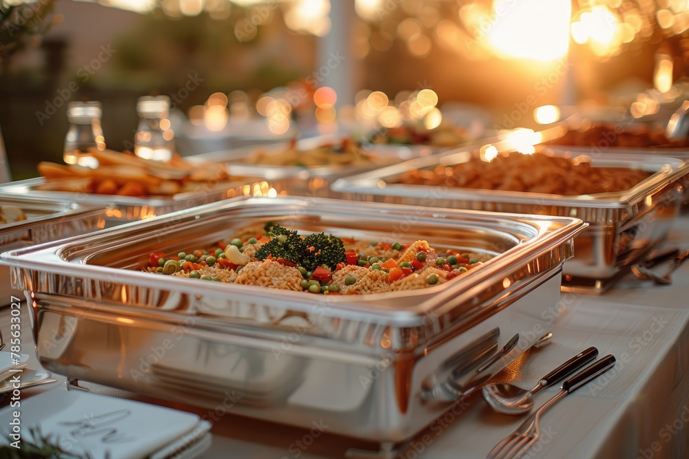 Poster a large silver tray of food is displayed on a table. the food is arranged in a way that makes it loo