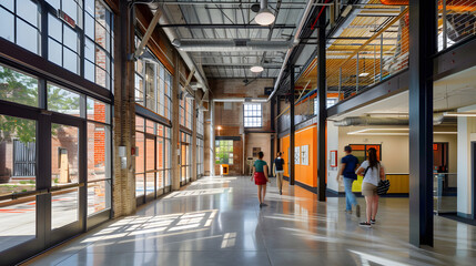 An adaptive reuse project transforming an old industrial warehouse into a vibrant arts center preserving the historical architecture while introducing modern design elements. - obrazy, fototapety, plakaty