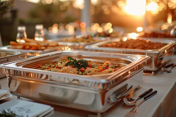 A large silver tray of food is displayed on a table. The food is arranged in a way that makes it look appetizing and inviting. The table is set with silverware and plates - obrazy, fototapety, plakaty