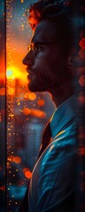 Ambitious Male Manager Surveys the Metropolitan Skyline from His High-Rise Office at Dusk