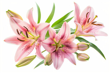 Fototapeta na wymiar Blooming Pink Asiatic Lilies With Fresh Green Leaves on a White Background