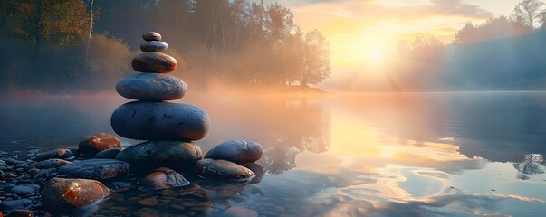 Tranquil Sunrise Light Illuminates Balanced Stones by a Lake evoking a Zen Harmony with Nature