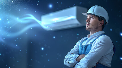 advertising photography of air conditioner engineer or repairman expert, cooling air waves, cold, home ambient conditioning