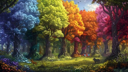 A Vibrant Fantasy Forest with Enchanting Flora and Fauna in a Spectrum of Colors