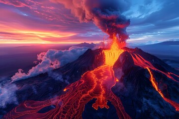 Fototapeta premium Volcano Eruption Spewing Vibrant Lava Flows and Ash Clouds in Dramatic Twilight Sky Showcasing Nature s Raw Power