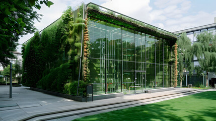 An algae-powered building with bio-reactive facades producing oxygen and biofuel.