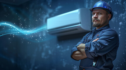 advertising photography of air conditioner engineer or repairman expert, cooling air waves, cold, home ambient conditioning