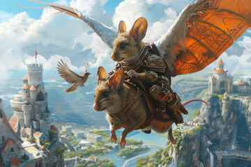 A Mouse Knight armor etched with elvish inscriptions atop a sparrow mount soaring above a fantasy landscape with towering castles and flowing rivers - obrazy, fototapety, plakaty