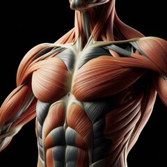 chest Human muscles, human anatomy isolated on black background - obrazy, fototapety, plakaty