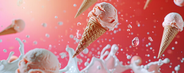 Ice cream cones in super realism scattered and floating against a brilliantly bright background textures popping