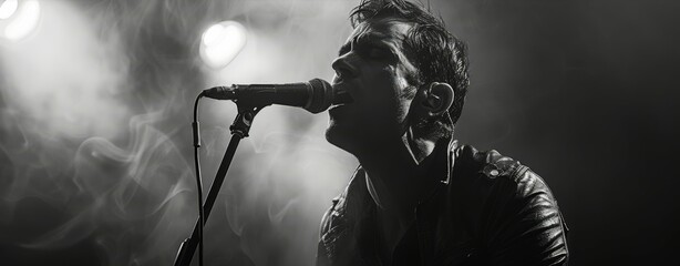 A handsome rock singer commands the stage with a magnetic presence, holding a microphone under the spotlight's vivid clarity.
