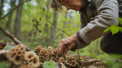 Woman harvesting morel mushrooms in a forest. - obrazy, fototapety, plakaty