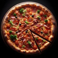 Pizza on the table, top view, on a dark background, Generative AI