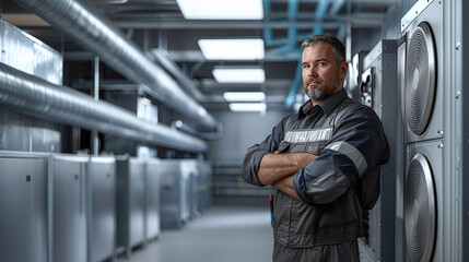 air conditioner engineer or repairman expert, lab, basement, technical spaces, pipes