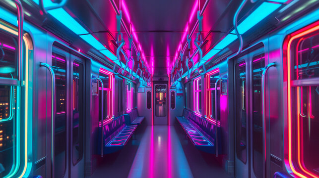The interior of a subway train lit by vibrant neon lights captured in a long exposure to emphasize speed and movement all while maintaining a calming