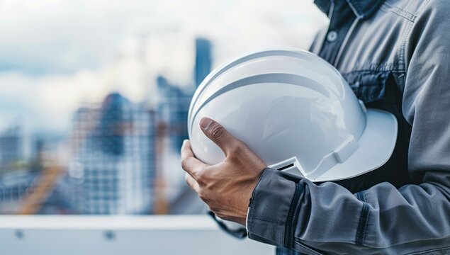 A closeup of an engineer's hand holding a white helmet with a cityscape in the background, representing construction and engineering Generative AI