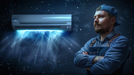 advertising photography of air conditioner engineer or repairman expert, cooling air waves, cold, home ambient conditioning