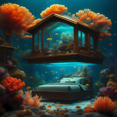 tropical fish in aquarium, underwater house glowing corals mini furniture, gold fishes, miniature world, illustration wallpaper, generative AI 
