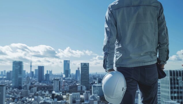 A Japanese construction worker wearing work holds his white helmet in one hand and looks at the city skyline with a blue sky in the background, in a closeup of hands holding a hat Generative AI