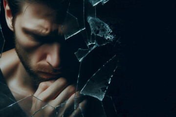 sad man against the background of broken glass. Suffering, sadness and mental problems - obrazy, fototapety, plakaty