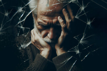 sad senior man against the background of broken glass. Suffering, sadness and mental problems concept - obrazy, fototapety, plakaty