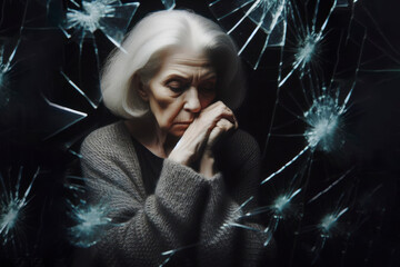 sad senior woman against the background of broken glass. Suffering, sadness and mental problems concept - obrazy, fototapety, plakaty