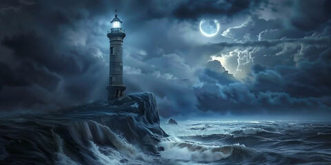 lighthouse at night - obrazy, fototapety, plakaty