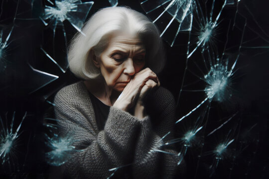 sad senior woman against the background of broken glass. Suffering, sadness and mental problems concept