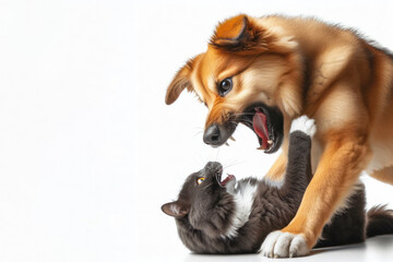 Dog fighting with a cat on a white background