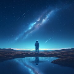 An astronaut stands on a desert landscape at night, gazing into a mirror-like pool that beautifully reflects their figure against the starry sky and distant mountains.