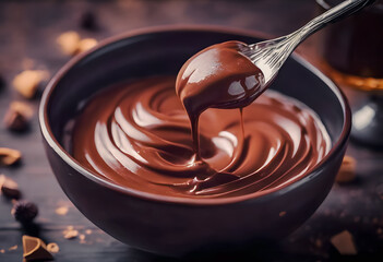 A spoon dripping smooth, glossy chocolate into a bowl surrounded by chocolate pieces and nuts on a...