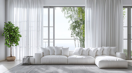 luminous diaphanous spacious white living room with high curtains and white sofa set, minimalist interior design, fresh summer vibe - obrazy, fototapety, plakaty