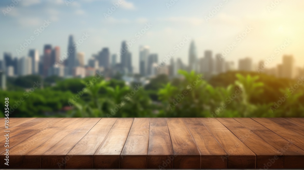 Poster the empty wooden table top with blur background of nature skyline. exuberant image. generative ai