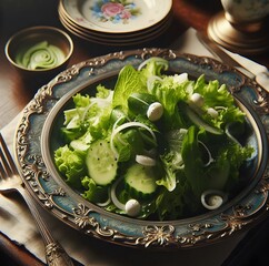 Vegetable green salad, healthy breakfast in a beautiful vintage plate on the table, Generative AI
