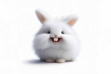 White fluffy bunny with big teeth smiling on a white background