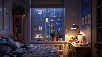 Cozy little bedroom with dim lighting, large square window with rain falling outside - obrazy, fototapety, plakaty