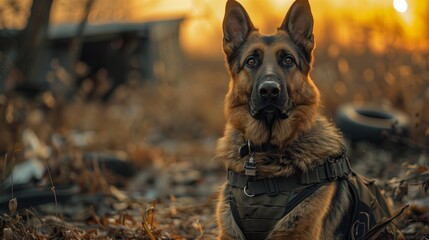 German shepherd dog gazes at the camera in a field