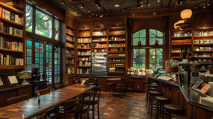 An artisanal coffee bar within a bookstore creating a serene environment for reading and relaxation with a carefully curated selection of books and specialty coffees.